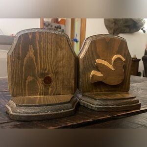 Vintage Real Wooden Book Ends With Two Toned Doves Carved On One Side